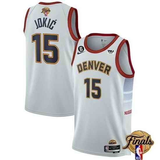Men Denver Nuggets 15 Nikola Jokic White 2023 Finals Icon Edition With NO 6 Patch Stitched Basketball Jersey